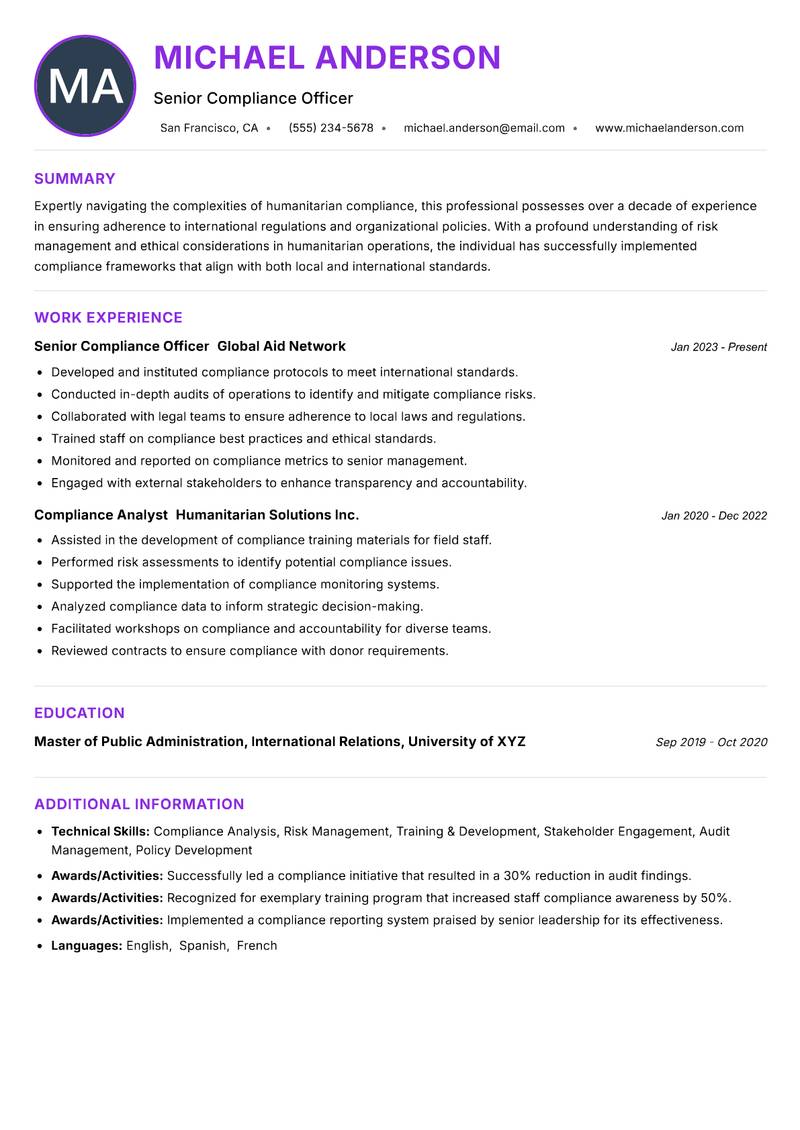 Humanitarian Compliance Officer resume example