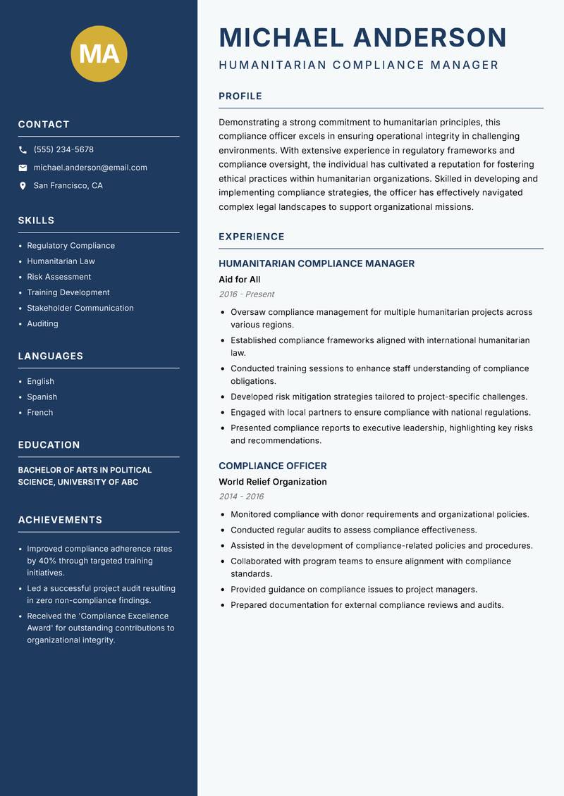 Humanitarian Compliance Officer resume sample — Humanitarian Compliance Manager focus