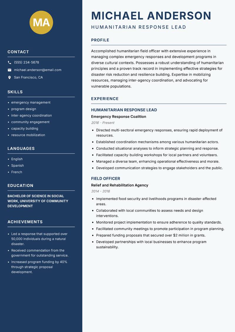 Humanitarian Field Officer resume sample — Humanitarian Response Lead focus