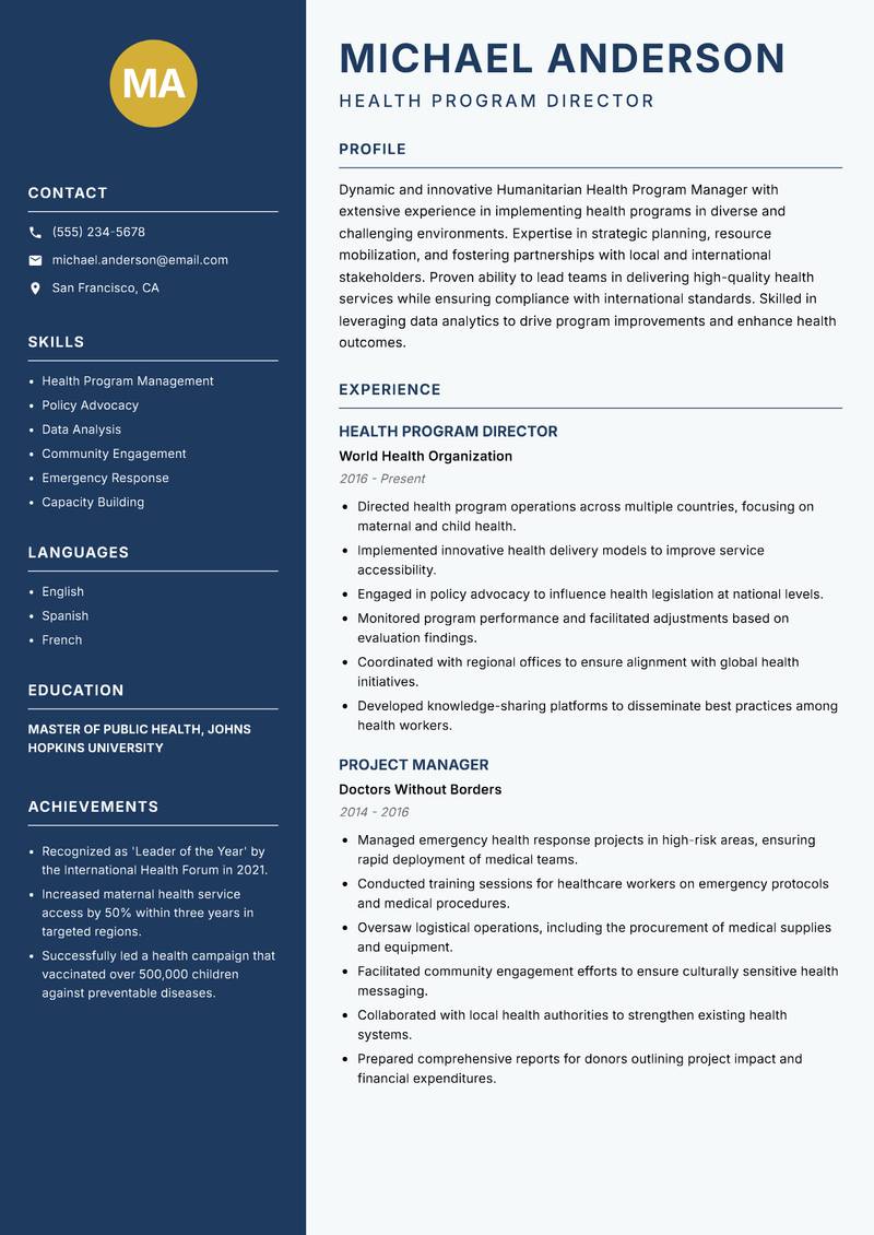 Humanitarian Health Program Manager resume sample — Health Program Director focus