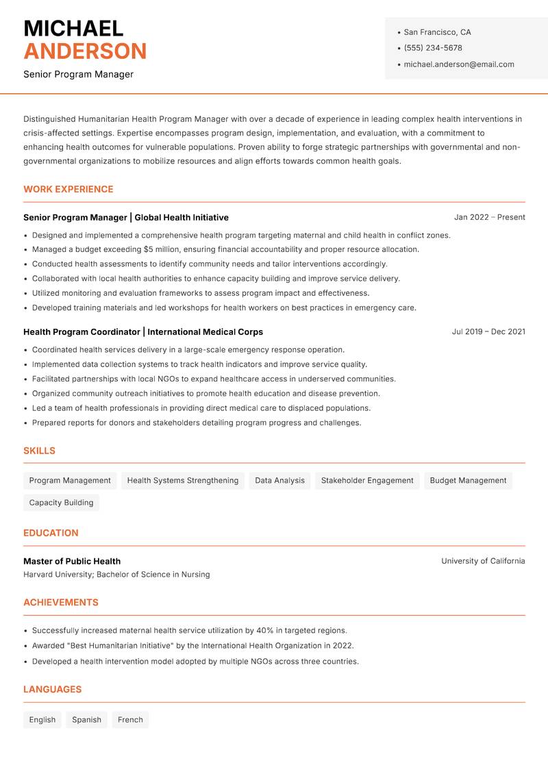 Humanitarian Health Program Manager resume sample — Senior Program Manager focus