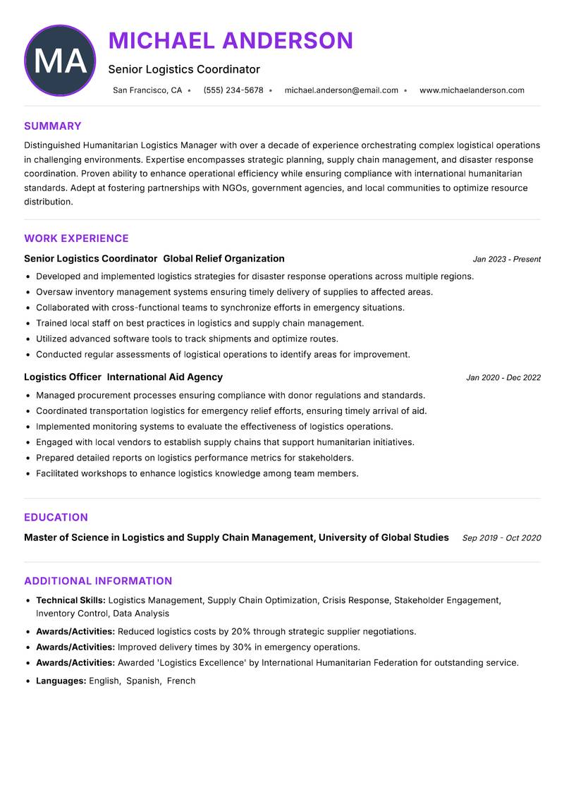 Humanitarian Logistics Manager resume example