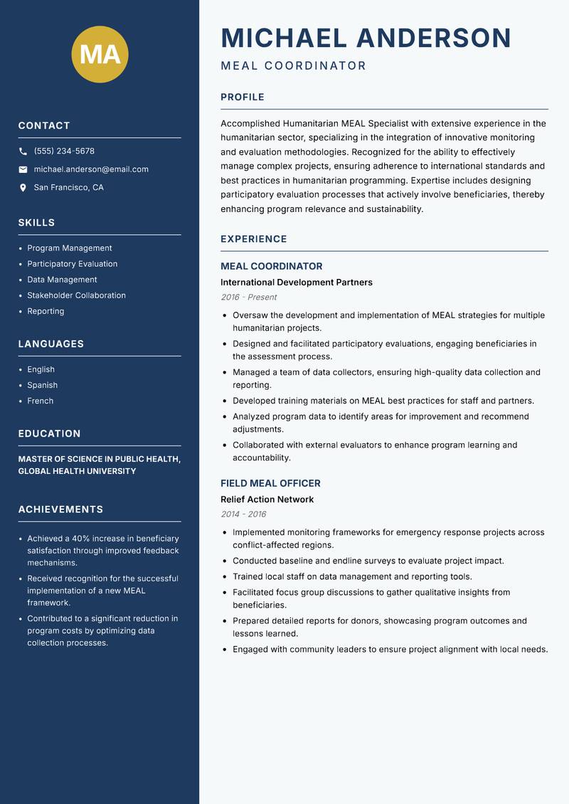 Humanitarian MEAL Specialist resume sample — MEAL Coordinator focus