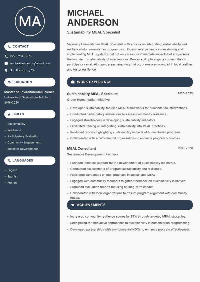 Humanitarian MEAL Specialist resume sample — Sustainability MEAL Specialist focus