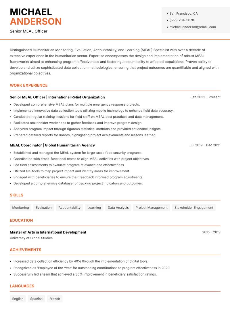 Humanitarian MEAL Specialist resume sample — Senior MEAL Officer focus