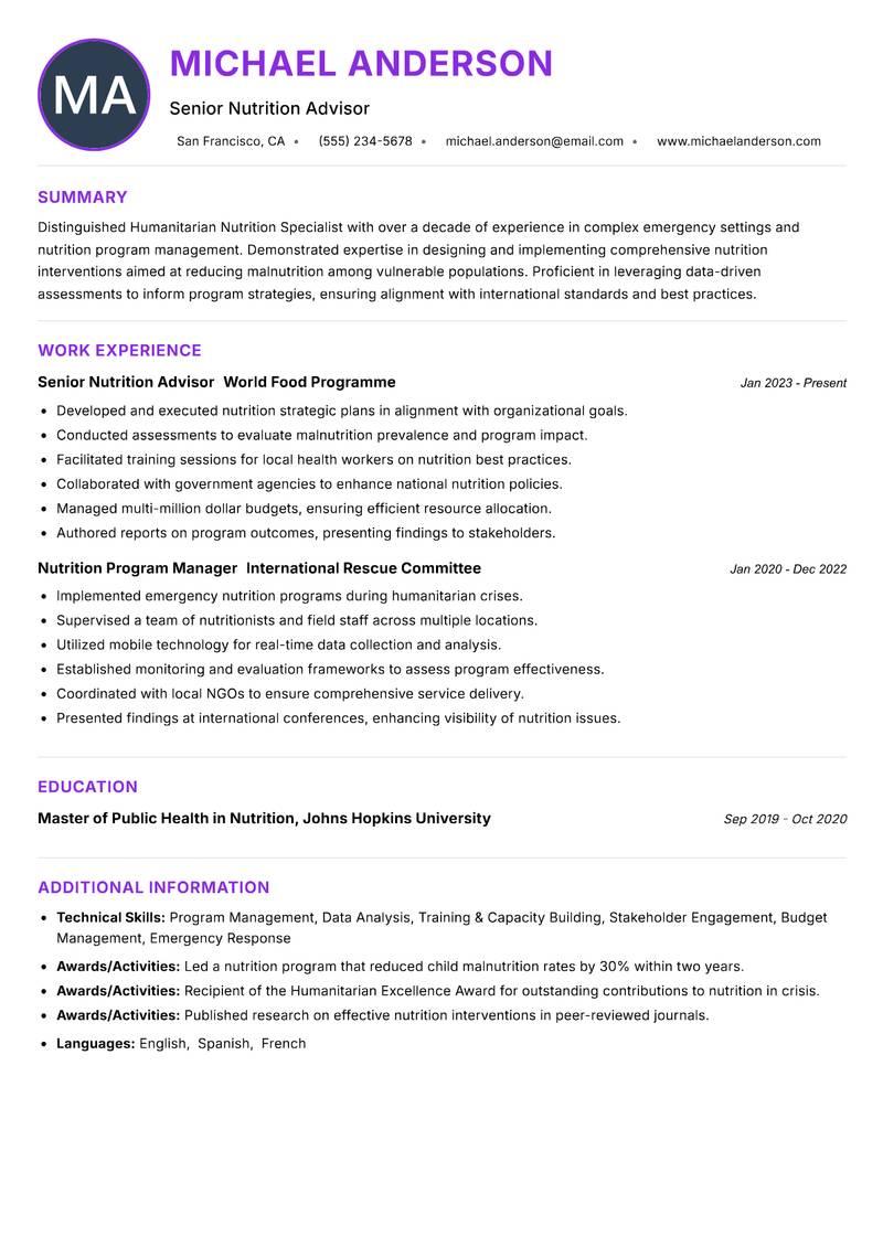 Humanitarian Nutrition Specialist resume example