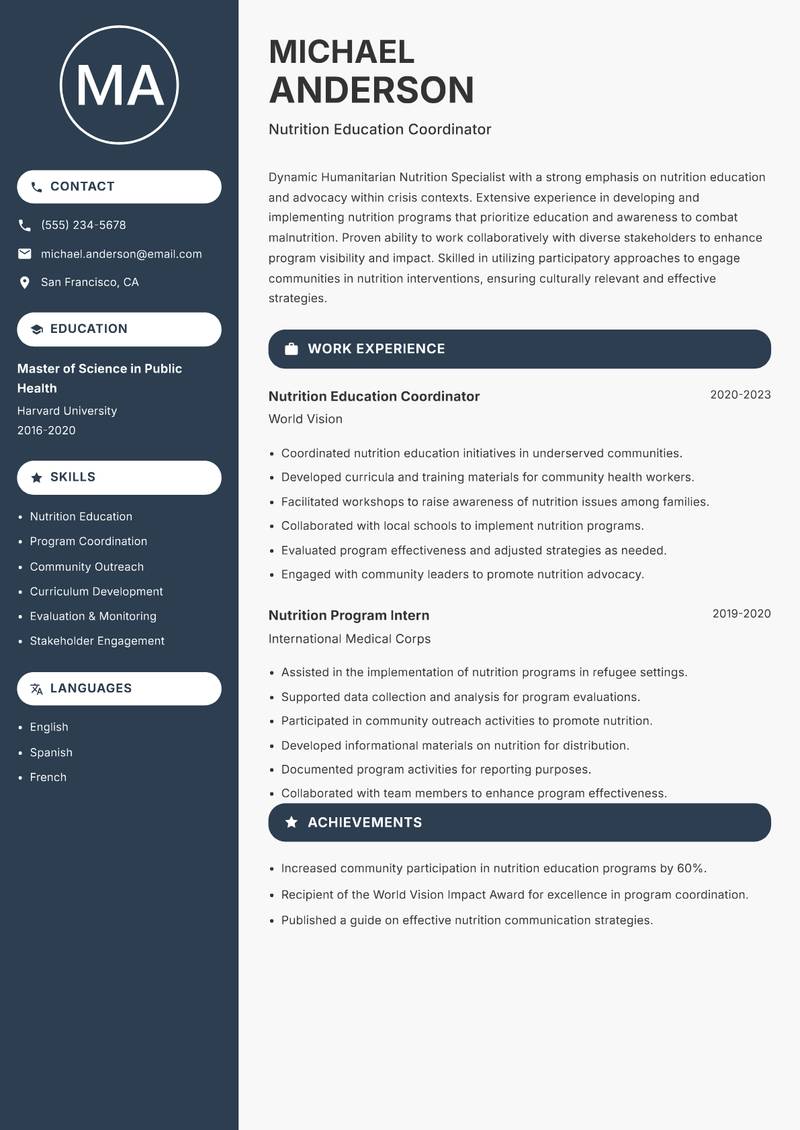Humanitarian Nutrition Specialist resume sample — Nutrition Education Coordinator focus
