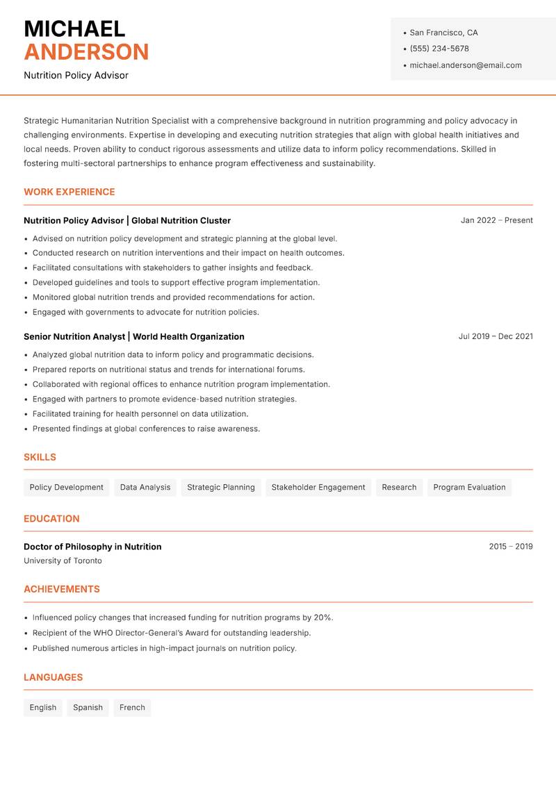 Humanitarian Nutrition Specialist resume sample — Nutrition Policy Advisor focus