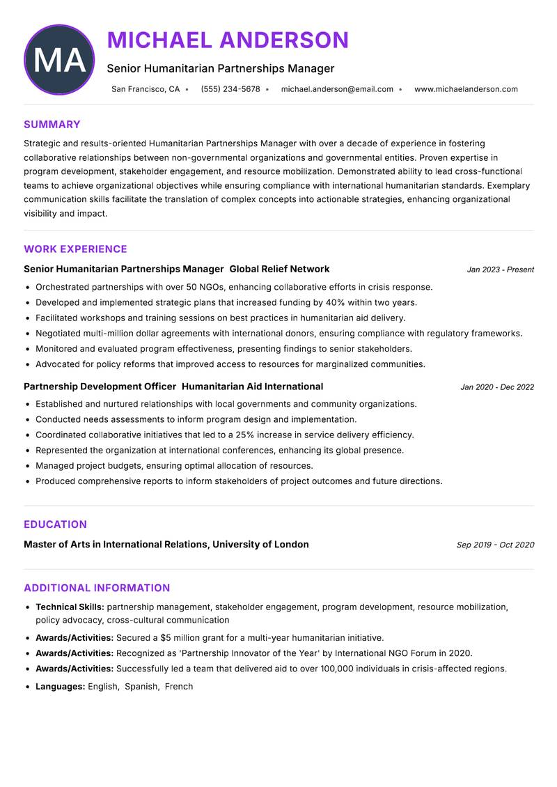 Humanitarian Partnerships Manager resume example