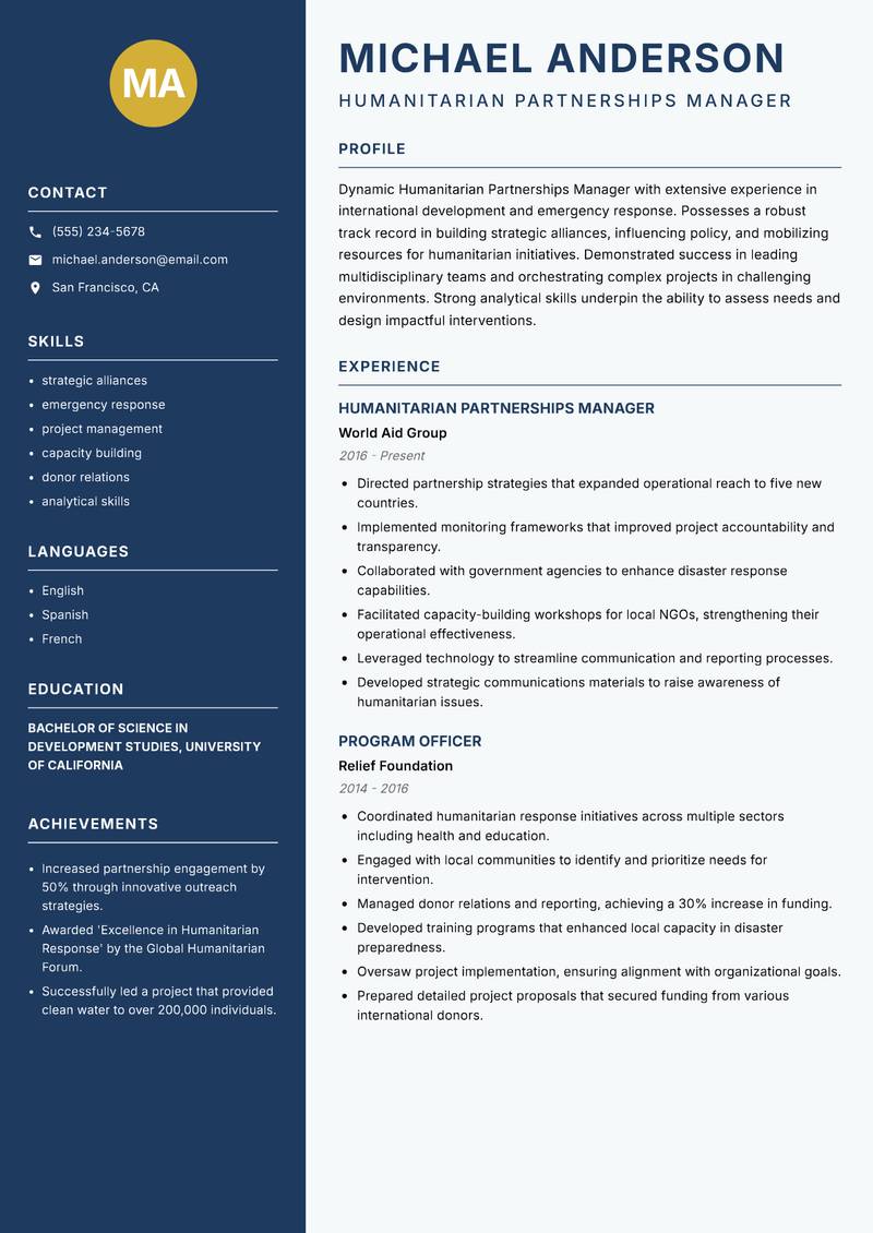 Humanitarian Partnerships Manager resume sample — Humanitarian Partnerships Manager focus