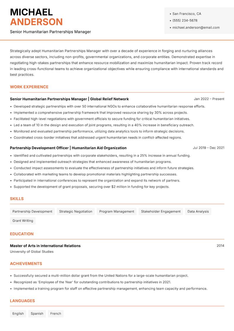 Humanitarian Partnerships Manager resume sample — Senior Humanitarian Partnerships Manager focus