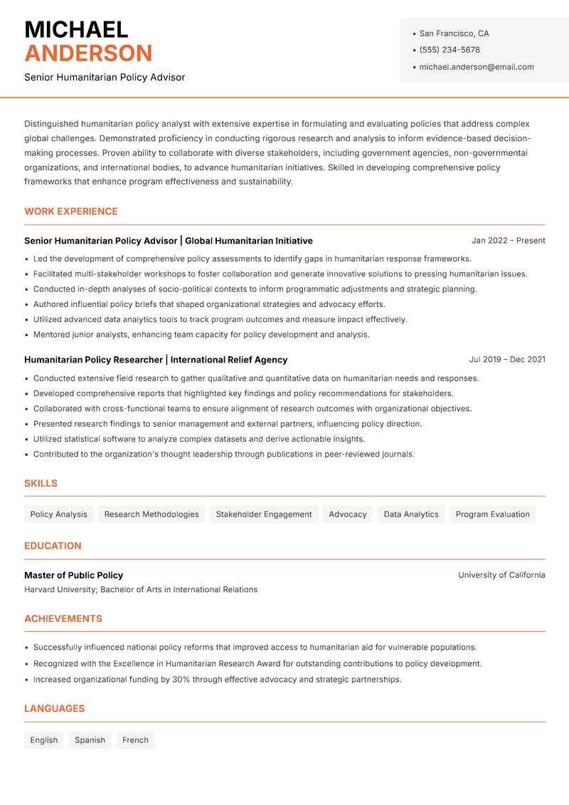 Humanitarian Policy Analyst resume sample — Senior Humanitarian Policy Advisor focus