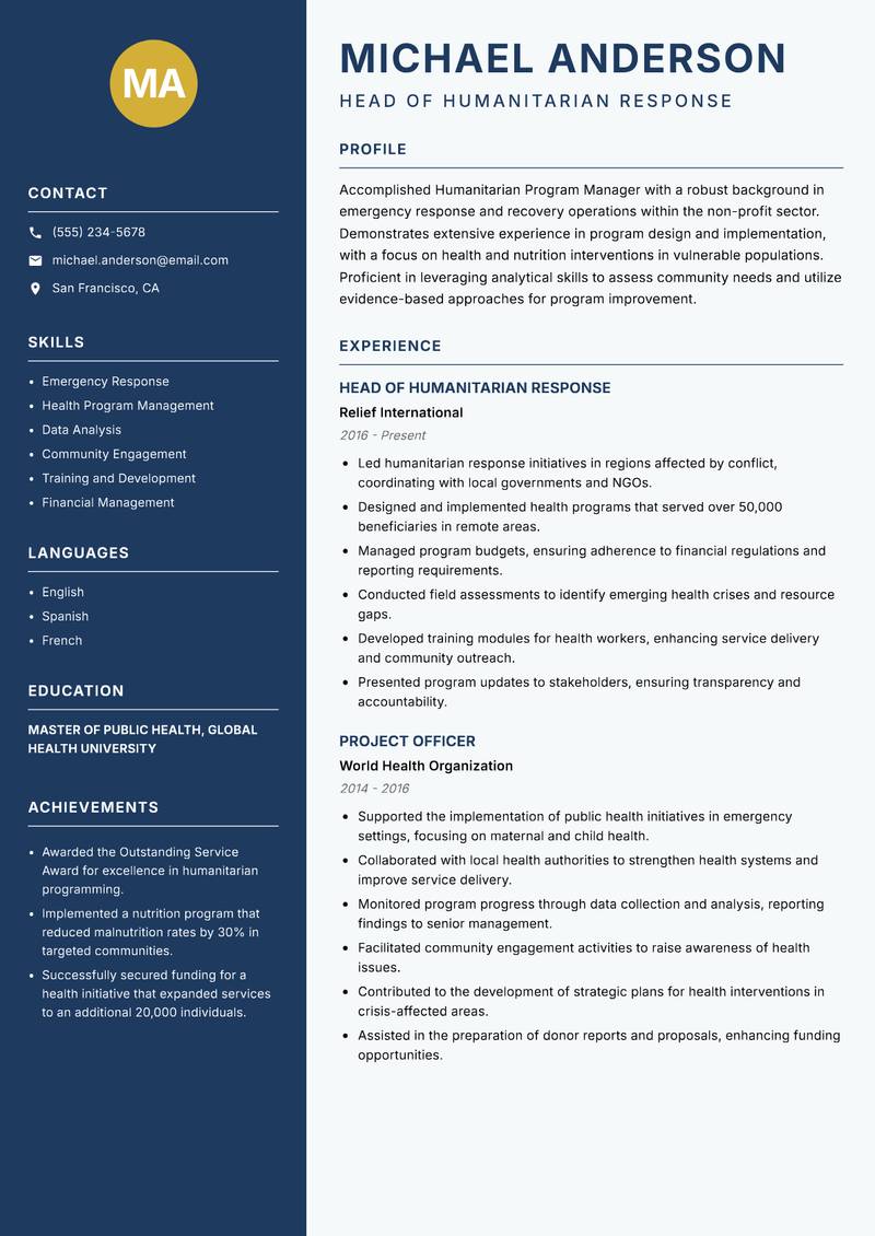 Humanitarian Program Manager resume sample — Head of Humanitarian Response focus