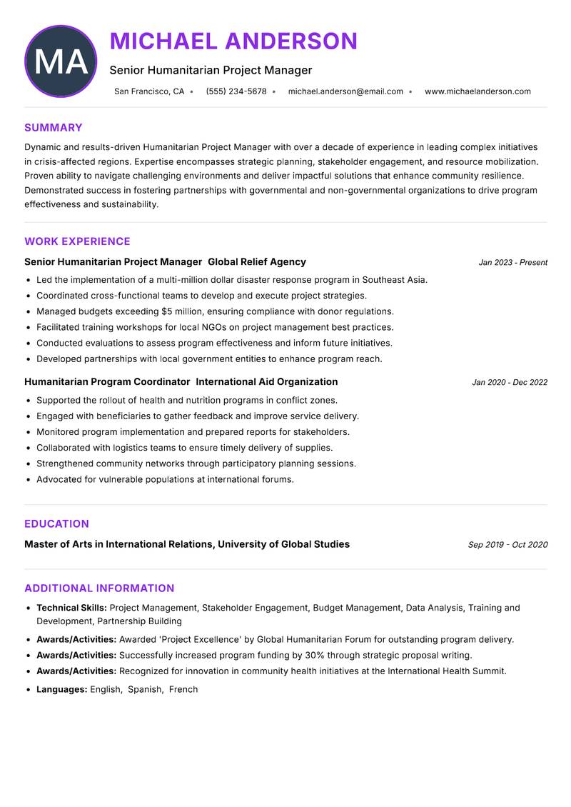 Humanitarian Project Manager resume example