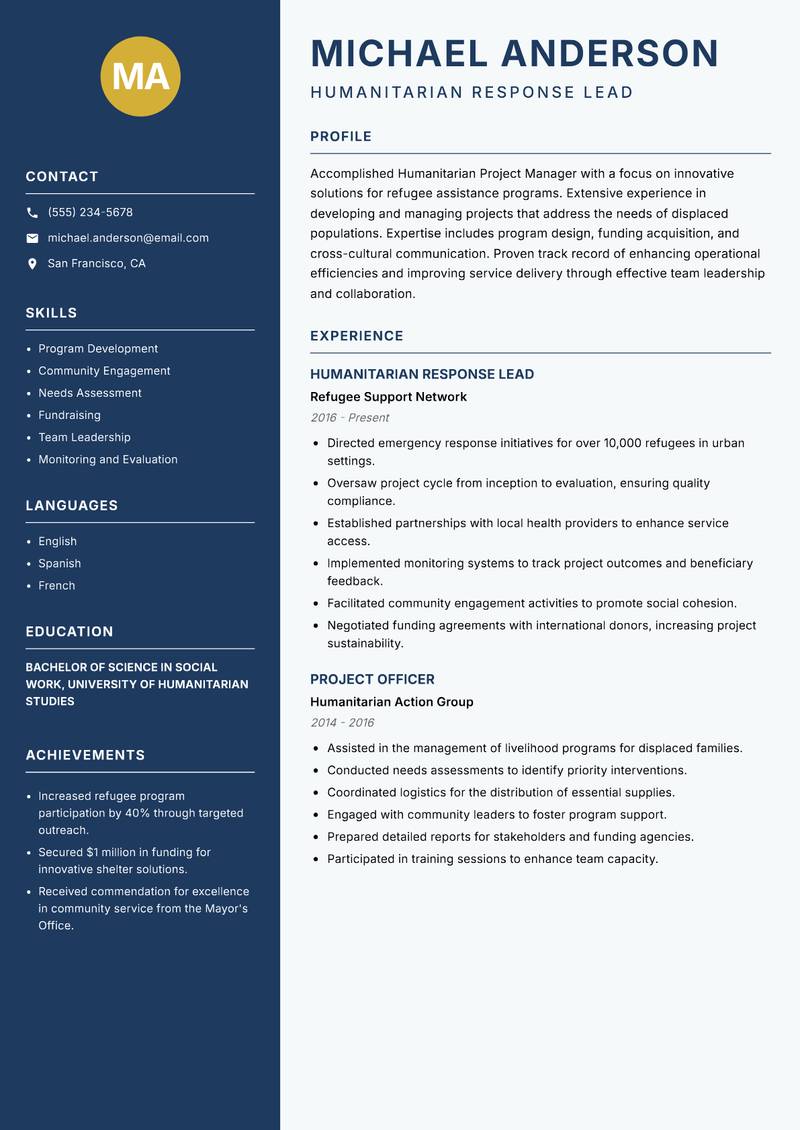 Humanitarian Project Manager resume sample — Humanitarian Response Lead focus