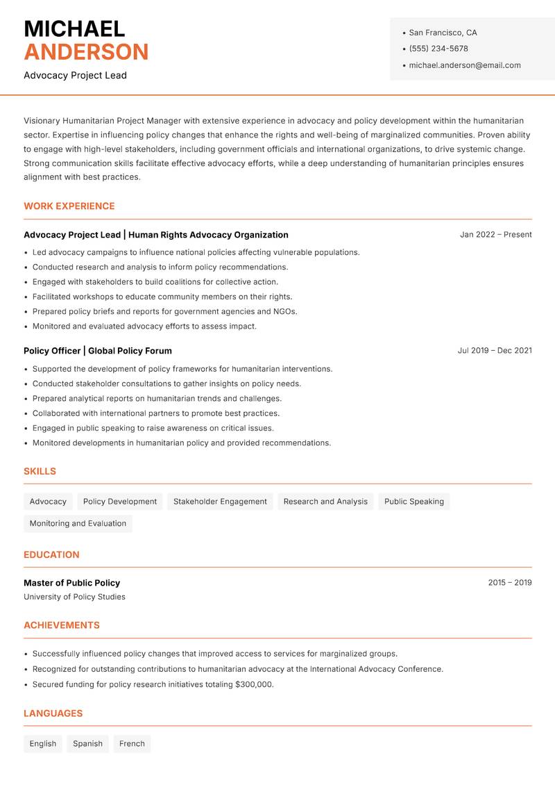 Humanitarian Project Manager resume sample — Advocacy Project Lead focus