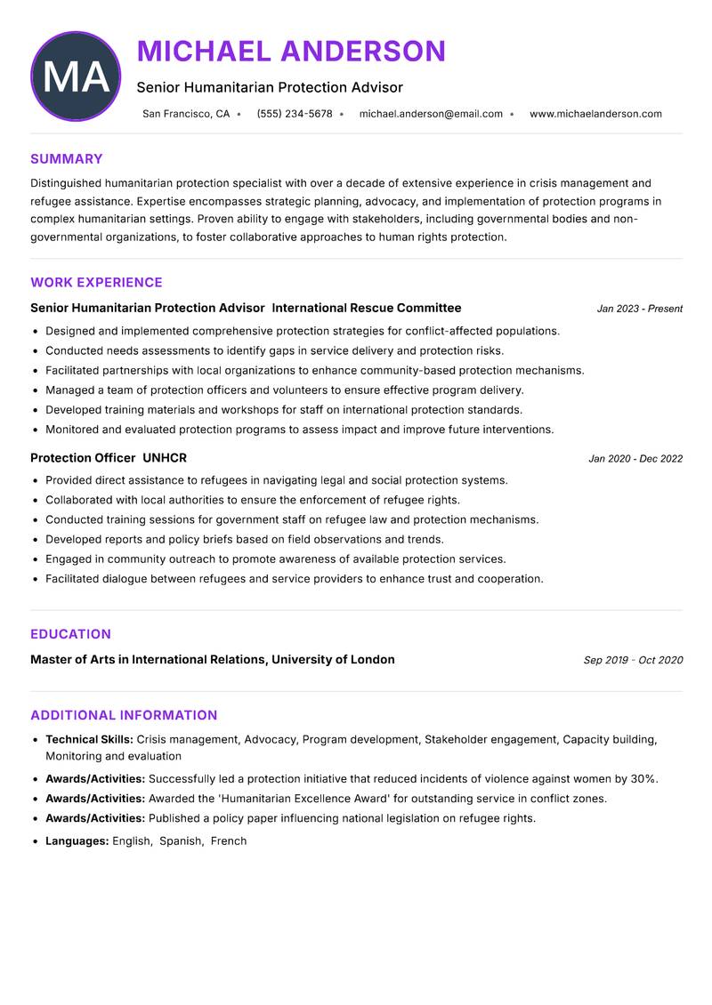 Humanitarian Protection Specialist resume example