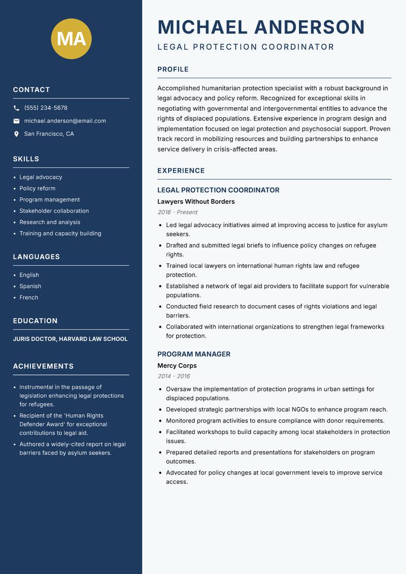 Humanitarian Protection Specialist resume sample — Legal Protection Coordinator focus