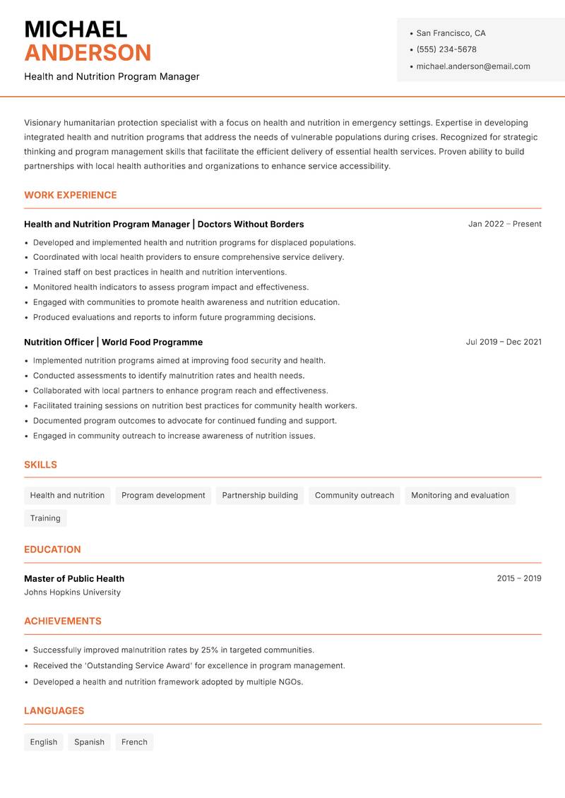Humanitarian Protection Specialist resume sample — Health and Nutrition Program Manager focus