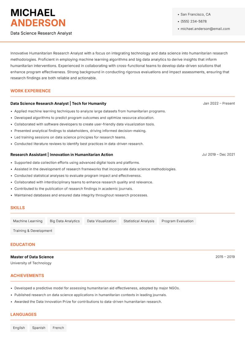 Humanitarian Research Analyst resume sample — Data Science Research Analyst focus