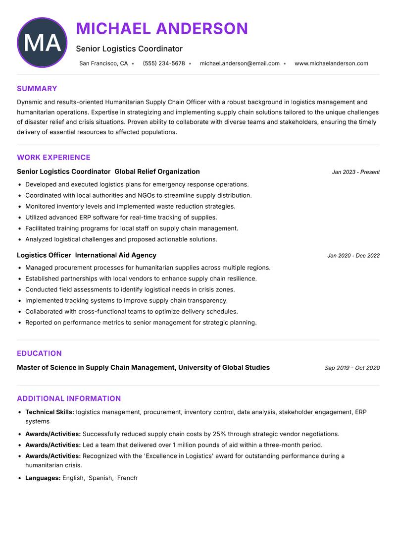 Humanitarian Supply Chain Officer resume example