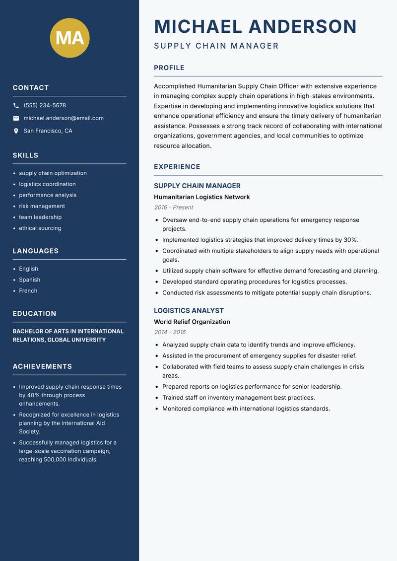 Humanitarian Supply Chain Officer resume sample — Supply Chain Manager focus