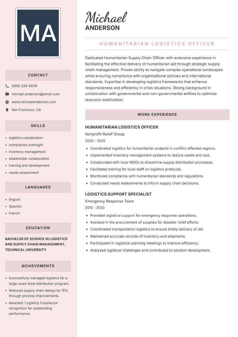 Humanitarian Supply Chain Officer resume sample — Humanitarian Logistics Officer focus