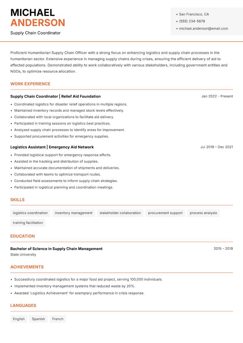 Humanitarian Supply Chain Officer resume sample — Supply Chain Coordinator focus