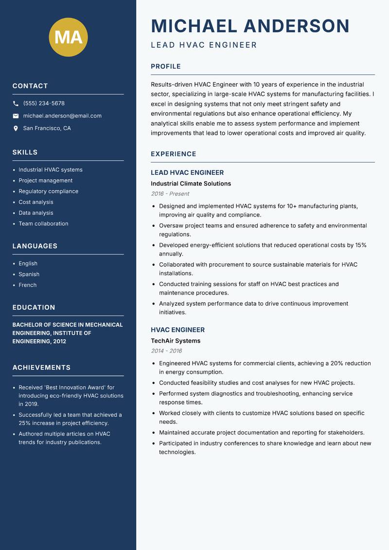 HVAC Engineer resume sample — Lead HVAC Engineer focus