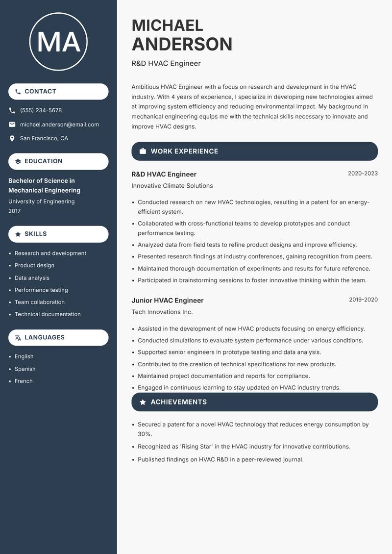 HVAC Engineer resume sample — R&D HVAC Engineer focus