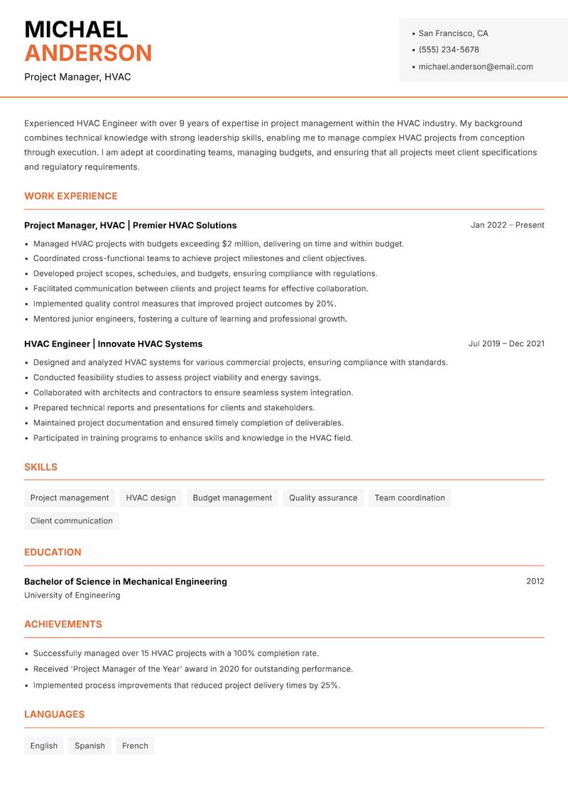HVAC Engineer resume sample — Project Manager, HVAC focus