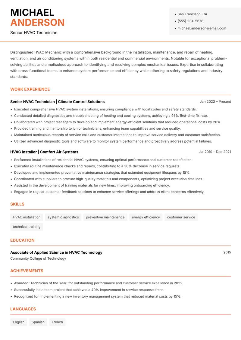 HVAC Mechanic resume sample — Senior HVAC Technician focus