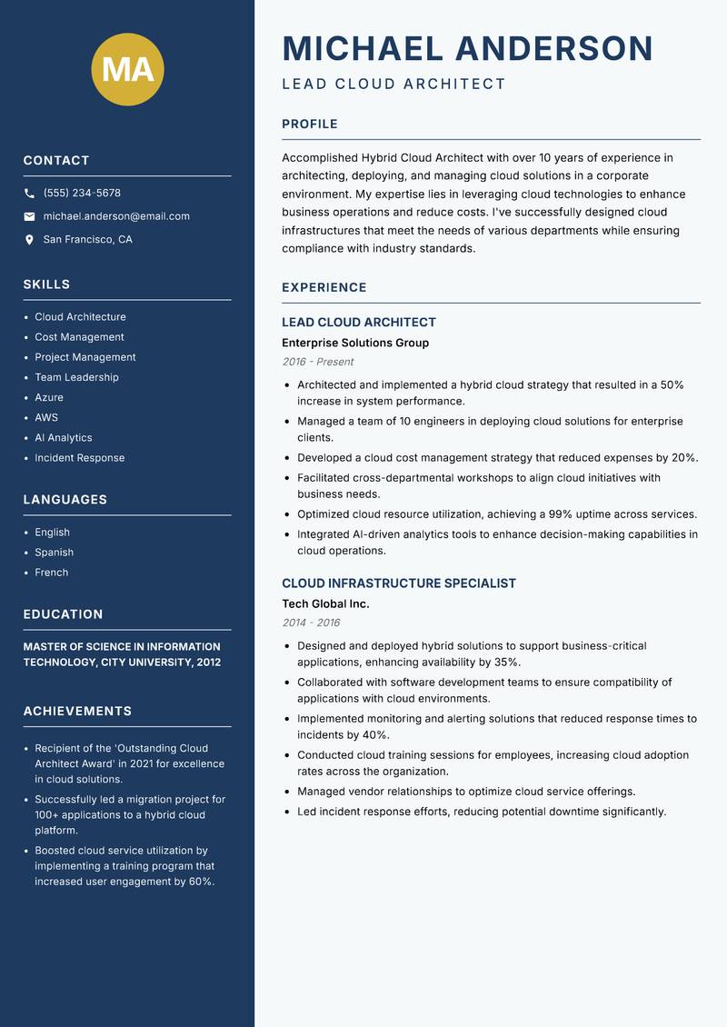 Hybrid Cloud Architect resume sample — Lead Cloud Architect focus