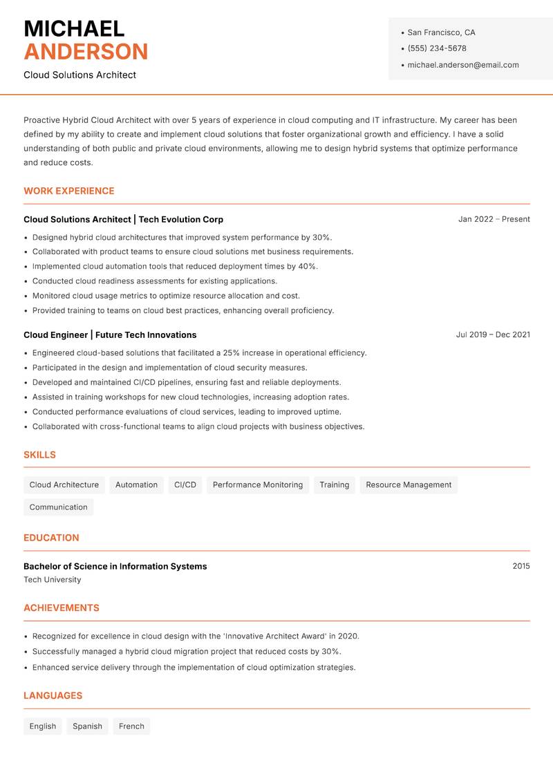 Hybrid Cloud Architect resume sample — Cloud Solutions Architect focus