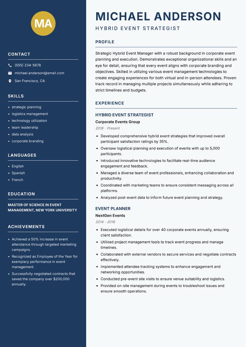 Hybrid Event Manager resume sample — Hybrid Event Strategist focus