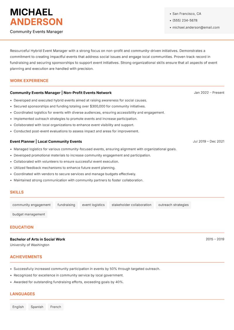 Hybrid Event Manager resume sample — Community Events Manager focus