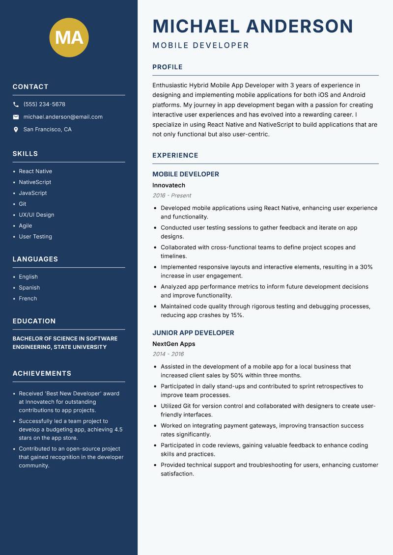 Hybrid Mobile App Developer resume sample — Mobile Developer focus