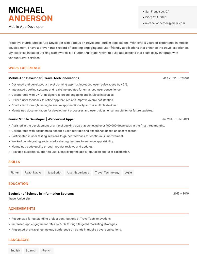Hybrid Mobile App Developer resume sample — Mobile App Developer focus