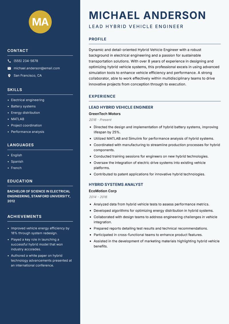 Hybrid Vehicle Engineer resume sample — Lead Hybrid Vehicle Engineer focus