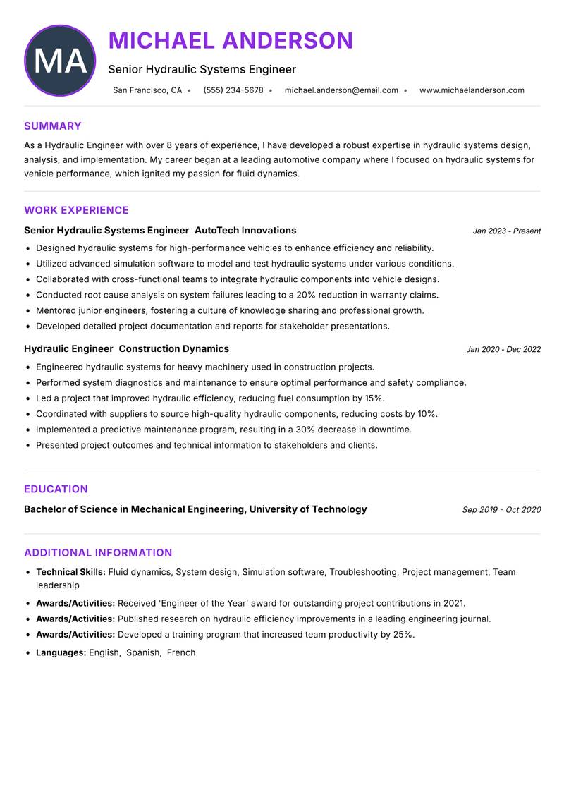 Hydraulic Engineer resume example