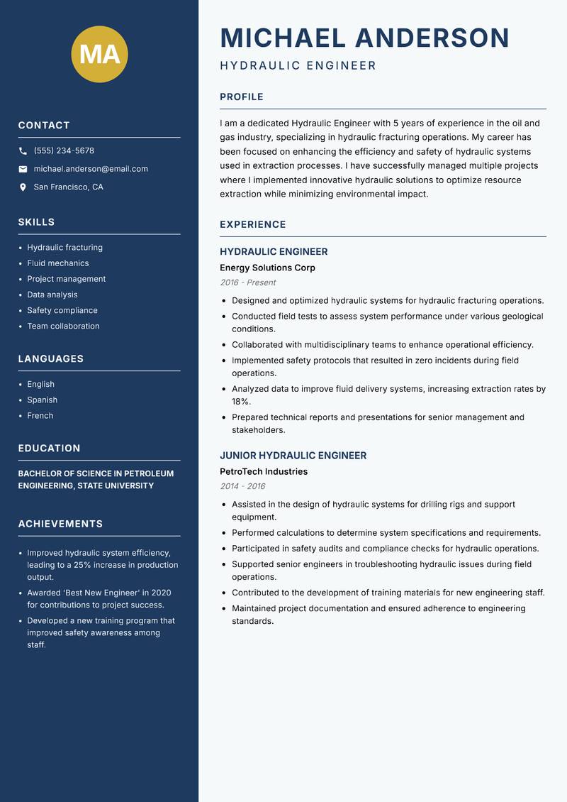 Hydraulic Engineer resume sample — Hydraulic Engineer focus