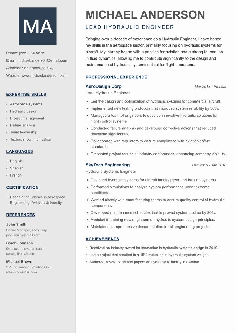 Hydraulic Engineer resume sample — Lead Hydraulic Engineer focus