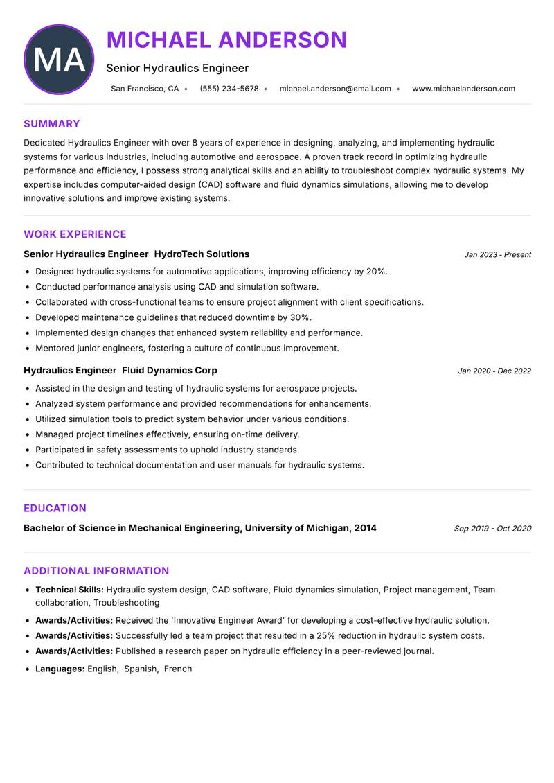Hydraulics Engineer resume example