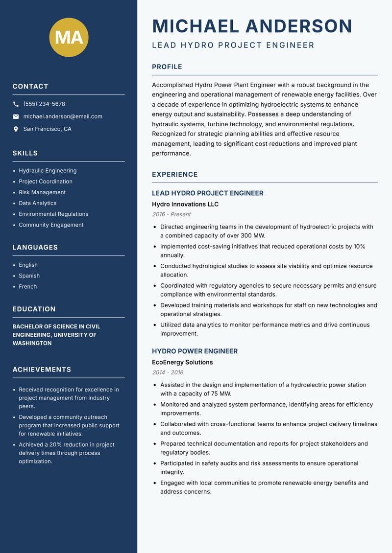 Hydro Power Plant Engineer resume sample — Lead Hydro Project Engineer focus