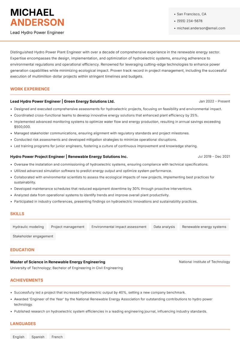 Hydro Power Plant Engineer resume sample — Lead Hydro Power Engineer focus