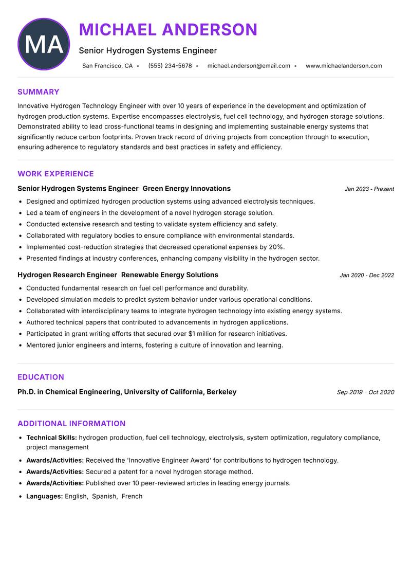 Hydrogen Technology Engineer resume example