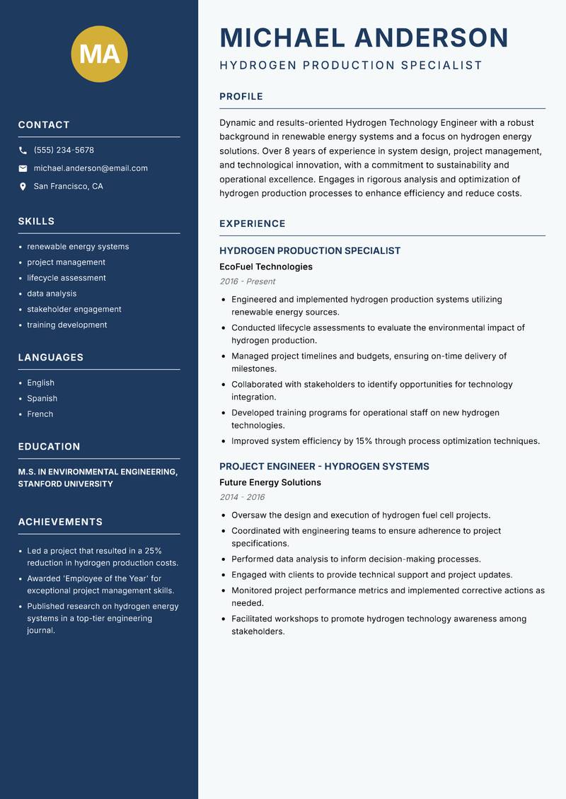 Hydrogen Technology Engineer resume sample — Hydrogen Production Specialist focus