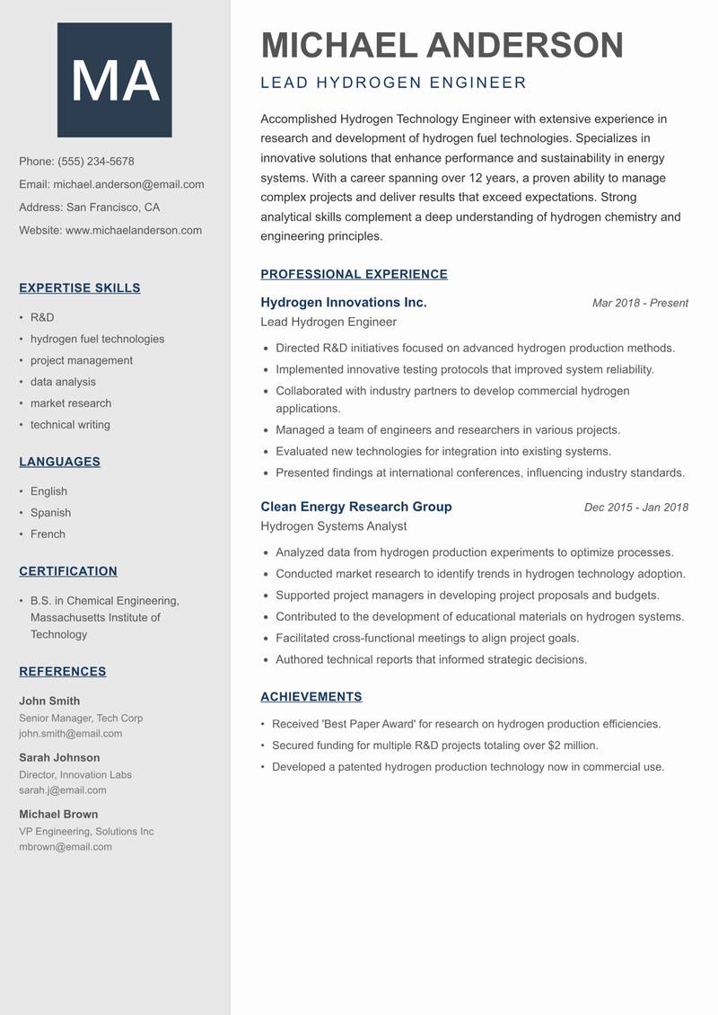 Hydrogen Technology Engineer resume sample — Lead Hydrogen Engineer focus