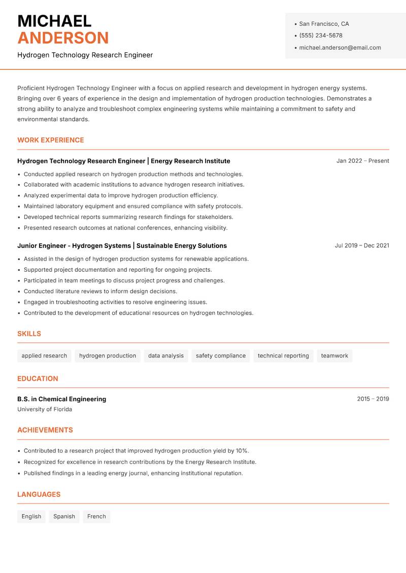 Hydrogen Technology Engineer resume sample — Hydrogen Technology Research Engineer focus