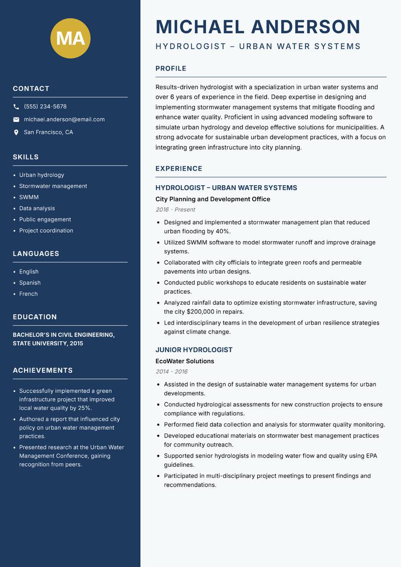 Hydrologist resume sample — Hydrologist – Urban Water Systems focus